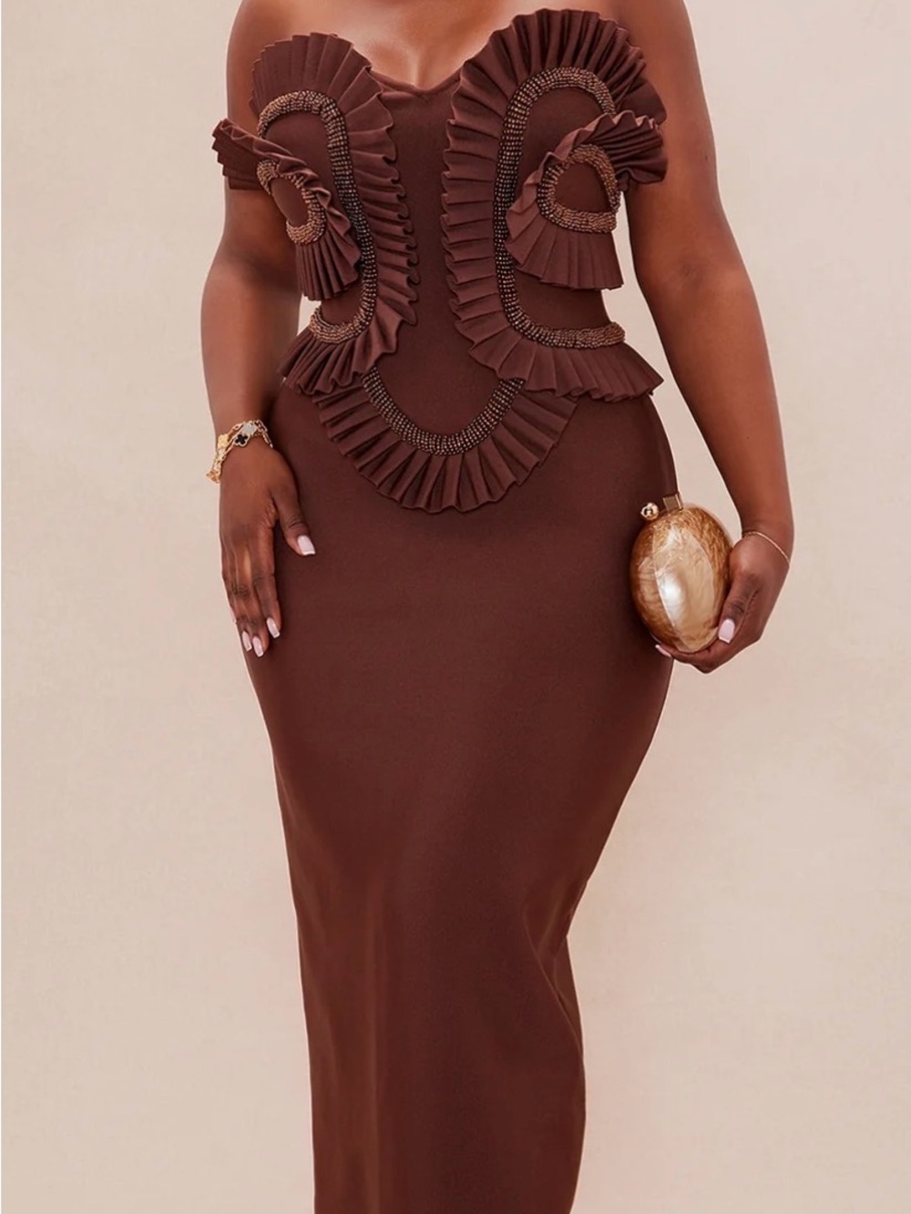 Fashion Nova Chocolate Brown Strapless Ruffle Bodycon Dress